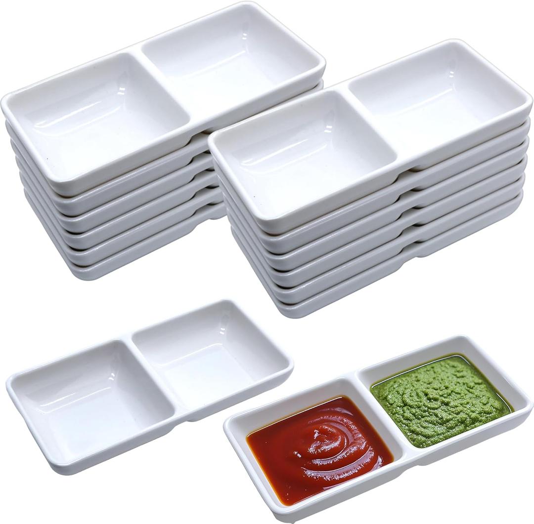12 PCS Dual Dipping Sauce Bowls, 2-Compartment Melamine Plastic Dip Trays, Divided Sauces Dishes for Ketchup, Soy Sauce, Wasabi, BBQ, Appetizers, Perfect for Parties, Restaurants Family Gatherings
