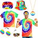 6 Pcs Hippie Costume Set for Men 60s 70s Outfit Colorful Tie-Dye T-shirt Hat Headband Peace Necklace for Theme Party (XL)