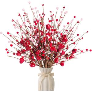 Valentines Day Decorations Valentine's Day Gifts 24 Pack Red Heart Shaped Berry Picks with Pink Berries for Valentine Wedding Candlelight Dinner Anniversary Decorations (Red)