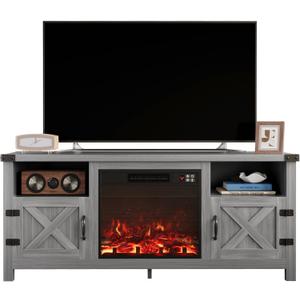 Furmax Entertainment Center with Fireplace, Fireplace TV Stand with Storage Cabinets and 2 Open Shelves, Modern Media TV Console for Living Room (Light Grey)