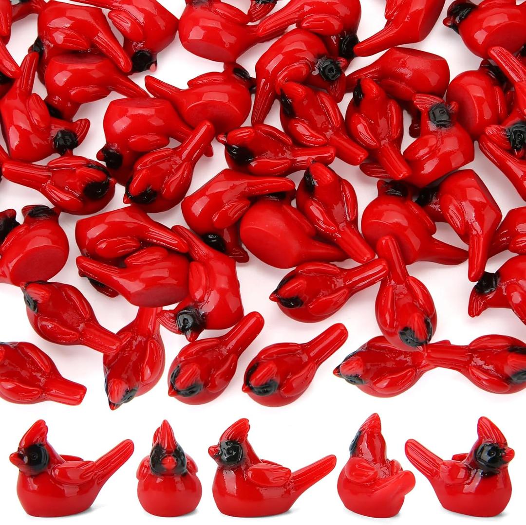 60 Pcs Mini Resin Red Cardinal Bird Tiny Animals Figurines to Hide Miniature Plastic Cardinal for Crafts Party Cake Topper Garden Lawn Dollhouse Micro Landscape Fairy Home Decor Tree Ornaments