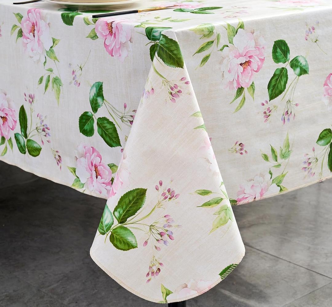 Vinyl Tablecloth with Flannel Backing - Waterproof, Oil-Proof, Easy to Clean -Plastic Table Cloth - Perfect for Dining Tables, Kitchen Tables, Parties (Beige Flowers, 5472 Inch Rectangular)