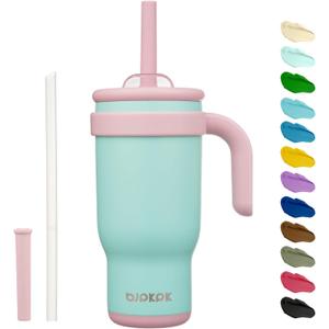 BJPKPK 18 OZ Insulated Travel Tumbler with Handle and Straw, Stainless Steel Water Bottle, Double Wall Vacuum Insulated Mug, for Work, Car, Travel, Guava