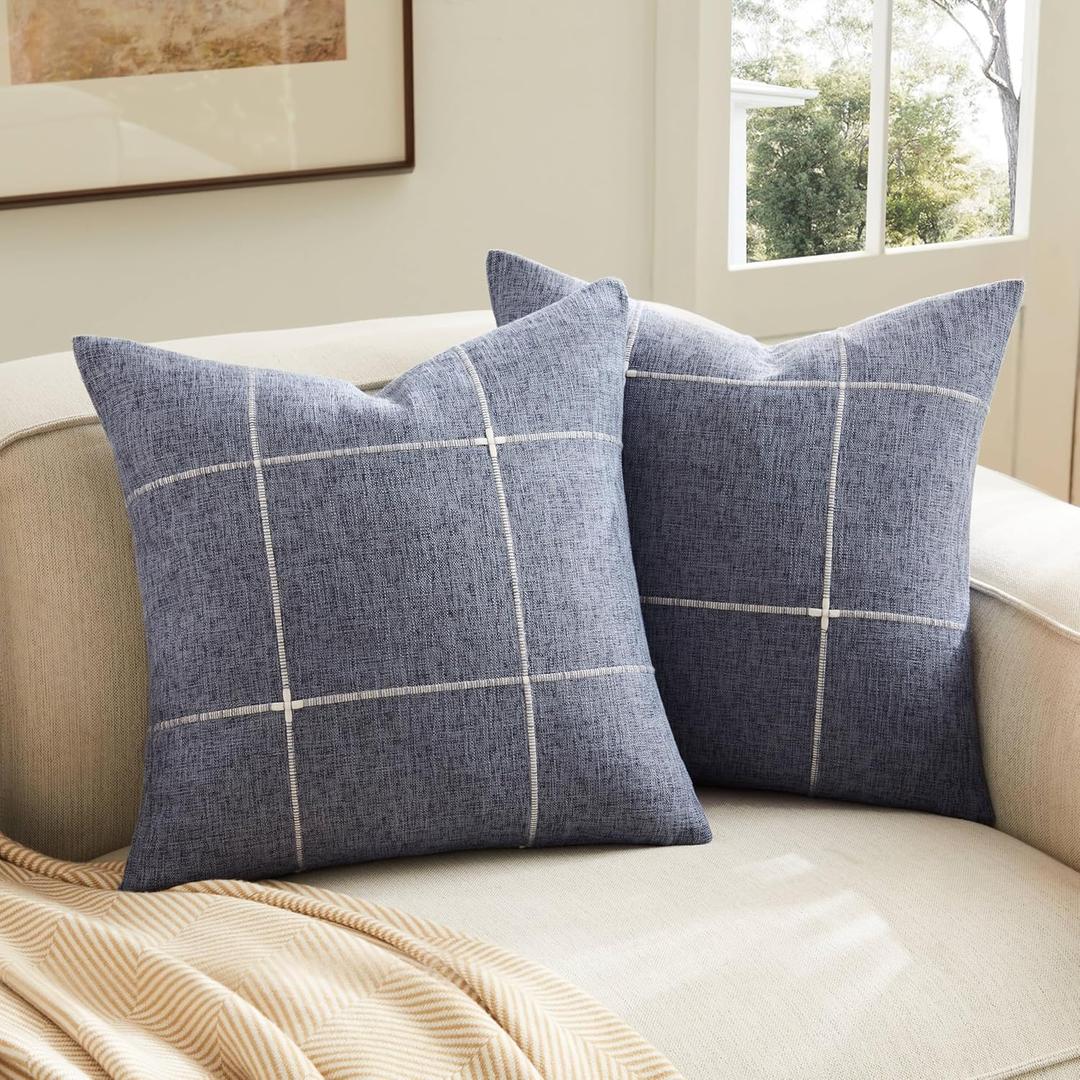 2 Packs Grid Embroidery Throw Pillow Covers, 20x20 Inch Navy Blue, Farmhouse Linen Decorative Navy Blue Cushion Covers for Sofa Bed Living Room Home Decor, Navy Blue, 20" x 20" (Pack of 2)