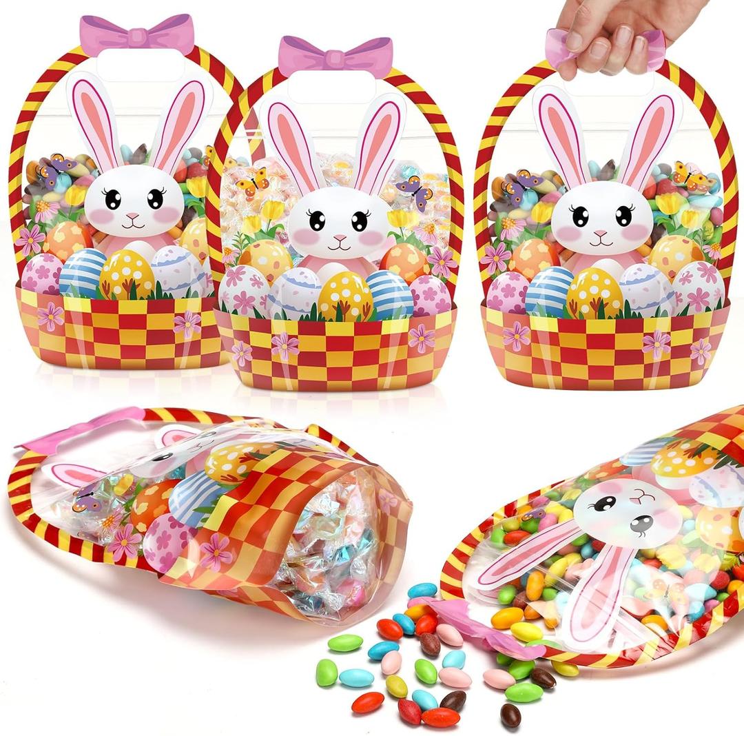 Fuutreo 50 Pcs Easter Gift Bags Clear Bunny Sealing Pouches with Handles Resealable Happy Easter Plastic Favor Bags for Spring Holiday Party Candy Gift Wrapping Supplies Decoration