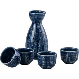 UNICASA Sake Set 5 Pieces,Traditional Sake Cups, Ceramic Cup Crafts Wine Glasses, Include One Sake Bottle 210ml and Four Sake Cups 50ml (Blue)