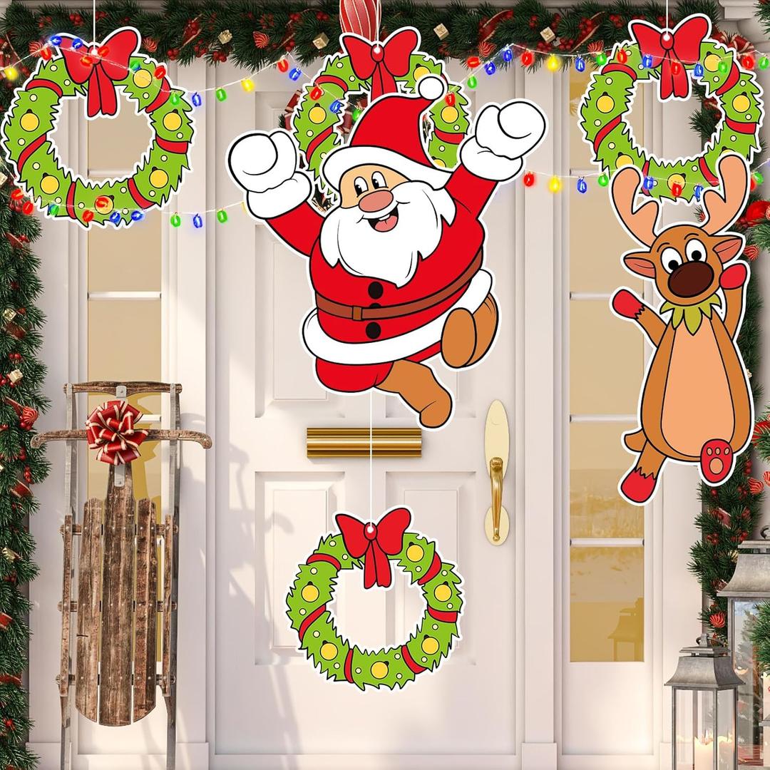 Outdoor Christmas Fence Decorations Light Up Xmas Fence Peeker Signs Decor Santa Claus Reindeer Wreath Yard Hanging Ornament with String Lights for Garden Lawn Fireplace Xmas Tree