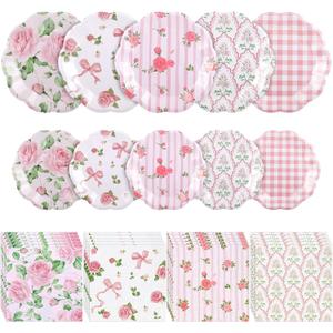 NatNarr 150 Pcs Floral Plates and Napkins, Pink and White Floral Tea Party Supplies Include Pink Floral Gingham Plates Napkins for Spring Garden Party, Bridal Baby Shower, Mothers Day