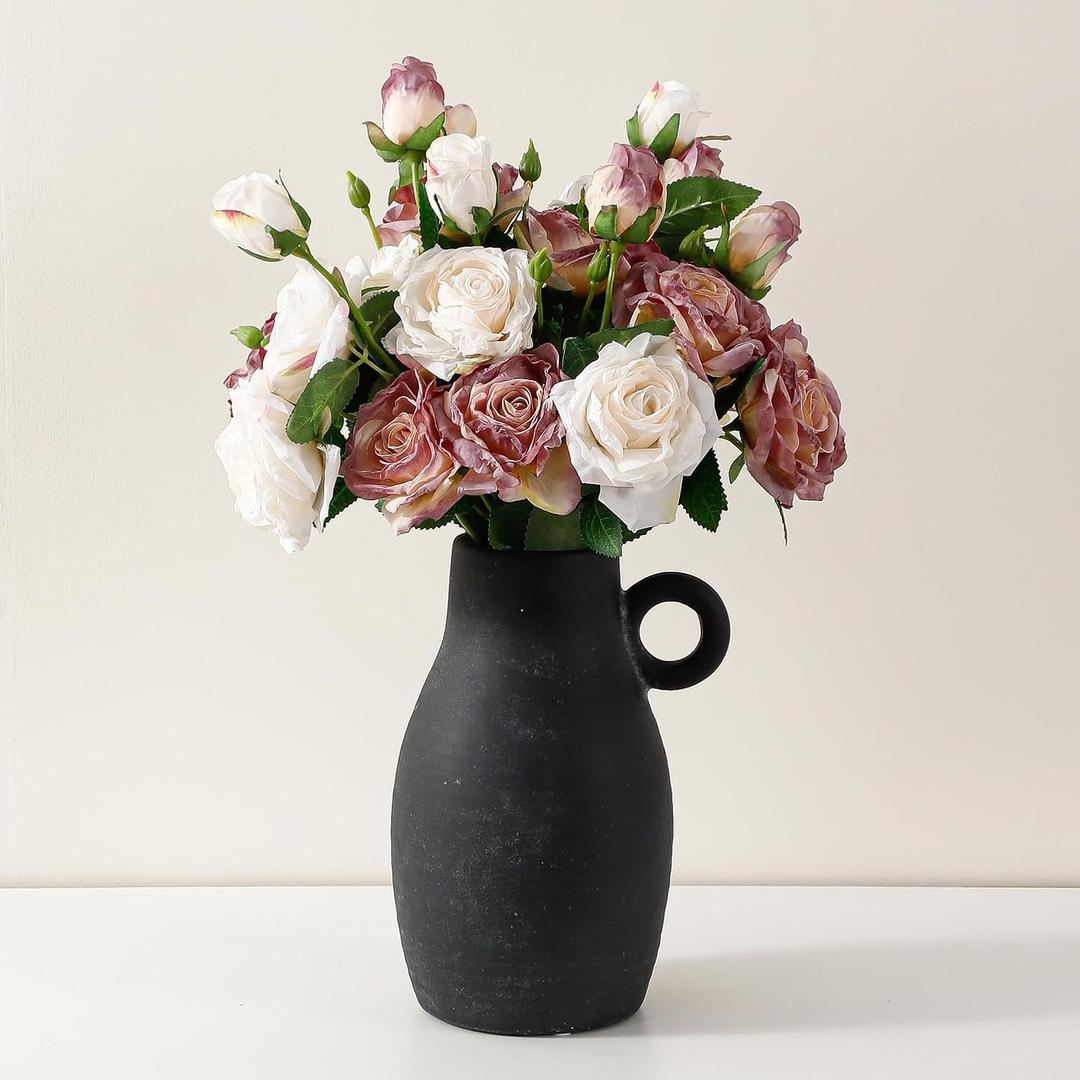 Ceramic Flower Vase, Farmhouse Rustic Vase for Home Decor, Decorative Terracotta Pottery Vase for Pampas Grass, Flowers, Living Room, Kitchen, Shelf Table Centerpiece Decoration, 9 Inch Tall
