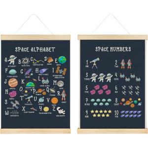 Nrleey Space Alphabet Numbers Wall Decor with Wooden Poster Hanger - Space Decor for Boys Room, ABC Alphabet Numbers Learning Wall Art Posters for Boys Bedroom Playroom, 12x16 Inch Set of 2