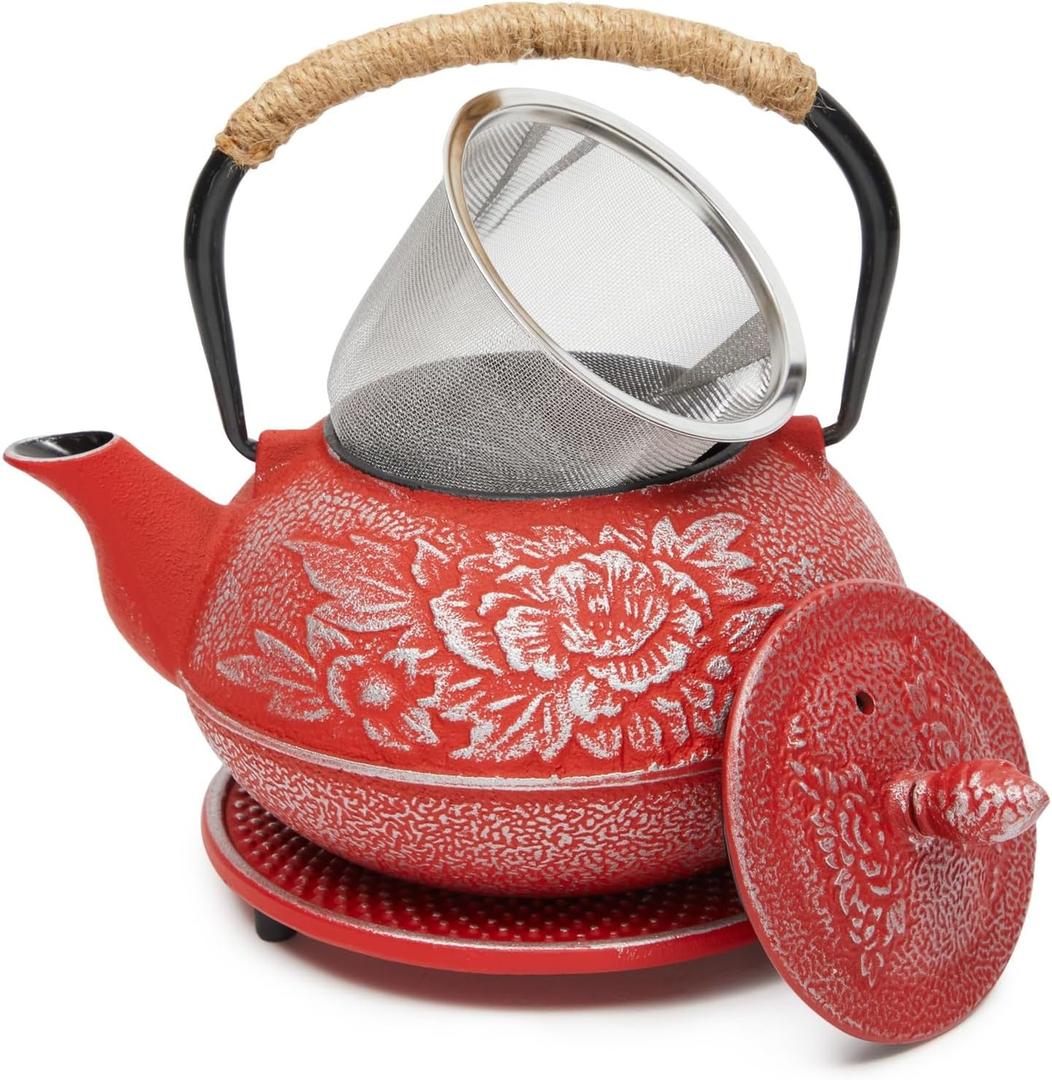 Juvale Japanese Cast Iron Teapot with Infuser - Red, 27 oz (800 ml), 3-Pc Teapot Set - Stovetop Kettle for Loose Leaf Brewing - Removable Stainless Steel Infuser & Trivet Included
