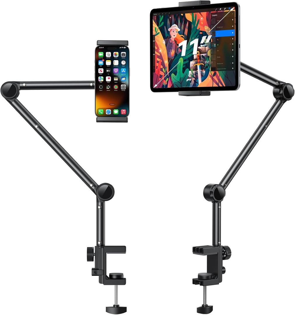 OMOTON Tablet Stand Mount for Desk, Adjustable Phone Holder for Bed with Metal Arm Fits for 4.7-11 Inches iPad Pro, Air/Mini, Kindle and Phones