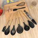 Silicone Cooking Utensils Set Utensil Sets - 446F Heat Resistant Silicone Kitchen Utensils Set Wooden Handles, Silicone Utensils for Cooking w Holder for Non-Stick Cookware BPA FREE (Black)