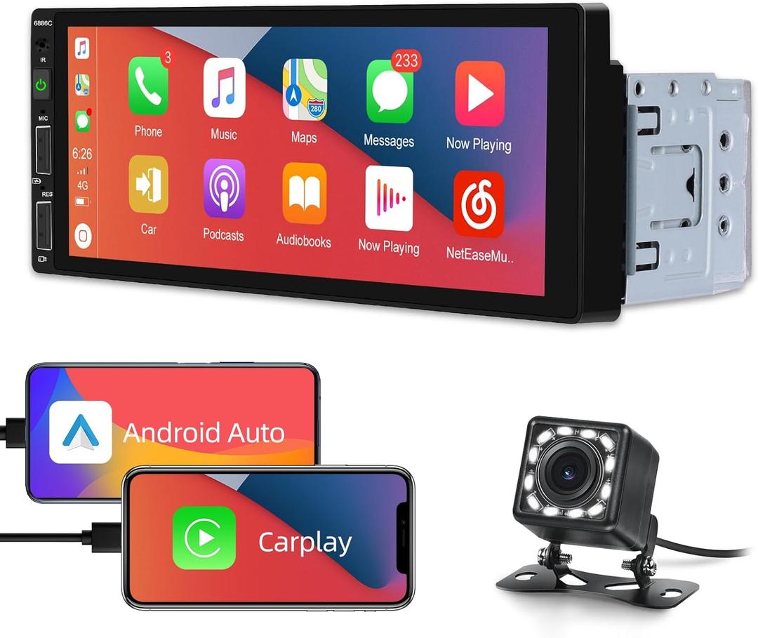 Single Din Car Stereo with Carplay and Android Auto - 6.86 inch Car Radio Touchscreen - EQ Setting Mirror Link SWC USB Charging Bluetooth FM + 12 LEDs Backup Camera
