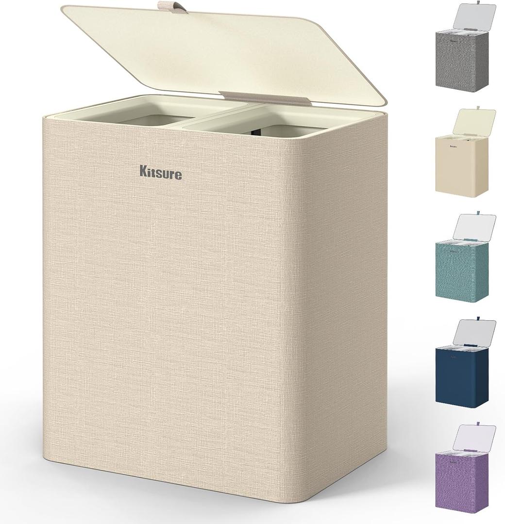 Kitsure Laundry Basket 95L  Large Laundry Hamper with Lid, 2-Compartment Divided Clothes Sorter with Removable Hamper Bags, Beige Organizer for Laundry Room, Bathroom & Bedroom, 22.2" x 16" x 27.4"