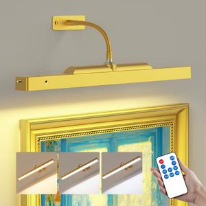 Picture Light Gold, 16in Battery Operated Picture Lights for Paintings,Remote Control Display Art Light with Timer and Dimmable for Wall Painting,Frame, Portrait, Photo,Dartboard