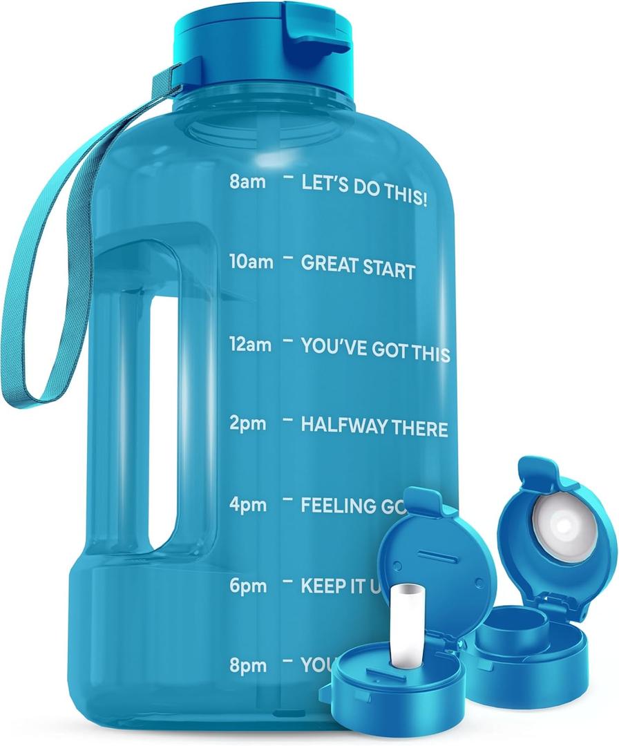 AQUAFIT 1 Gallon Water Bottle With Time Marker - Straw & Chug Lid - BPA Free Big Jug With Handle - Motivational Gym Bottle (128 oz, Aqua)