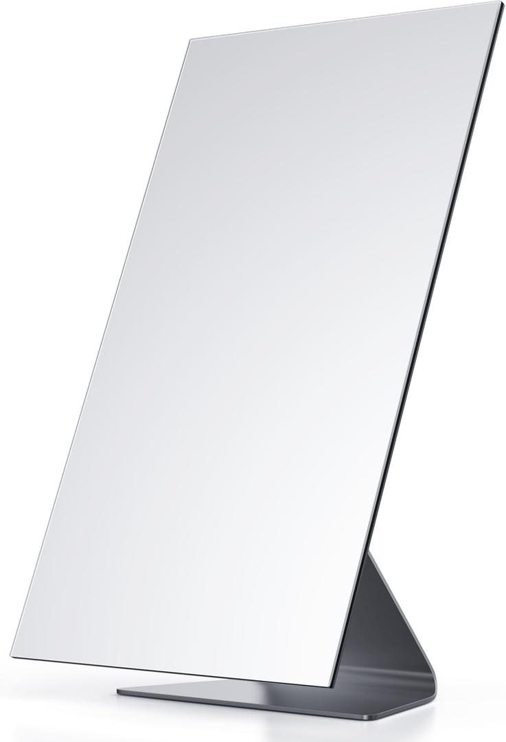 NEZZOE Rectangular Free-Standing Makeup Mirror, Frameless 1X Vanity Mirror with Adjustable Tilt, Metal Base, for Desk, Bathroom Countertop or Windowsill, 12 x 7 Inches