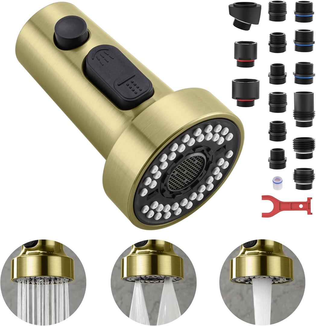 TIORIY Kitchen Faucet Head with 15 Adapters, High Pressure 3 Functions Pull Down Kitchen Spray Head Replacement, Pull Out Kitchen Sink Sprayer Nozzle, Brushed Gold, ABS