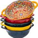 XKXKKE 5 Pack Boho Ceramic Serving Bowls with Handles, 40 Oz Porcelain Salad Bowls, Large Serving Dishes for Entertaining, Mixing Bowls for Soup, Stew, Pasta, Cereal, Colorful Embossed Cute Bowls Set