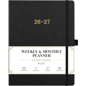 2026-2027 Planner - Weekly and Monthly Planner 2026-2027, Jul.2026 - Jun.2027, 9" x 11", 26-27 Calendar Planner with Inner Pocket + Bookmarks+ Leather Hardcover, Black