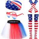 Ibeauti Women 4th of July Costume Accessories USA Flag Tutu Skirt Glasses Flag Headband Striped Arm Warmer Stockings