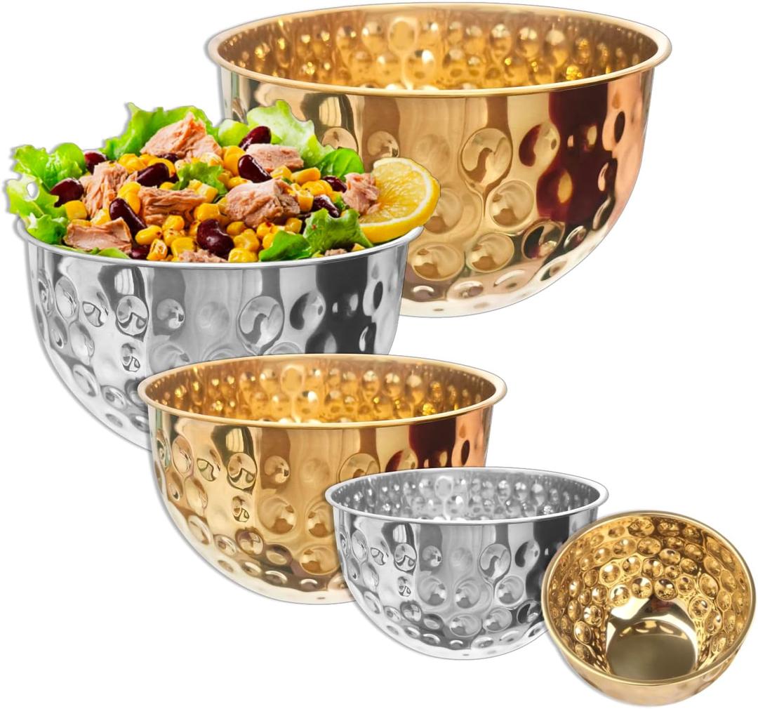 Gold Mixing Bowls Set of 5, Stainless Steel Mixing Bowls, Metal Nesting Salad Bowls Kitchen Food Storage Containers for Cooking, Baking, Prepping Christmas Serving, No Lids, 1.6/2/3.2/4.2/4.9 QT (Multicolor)