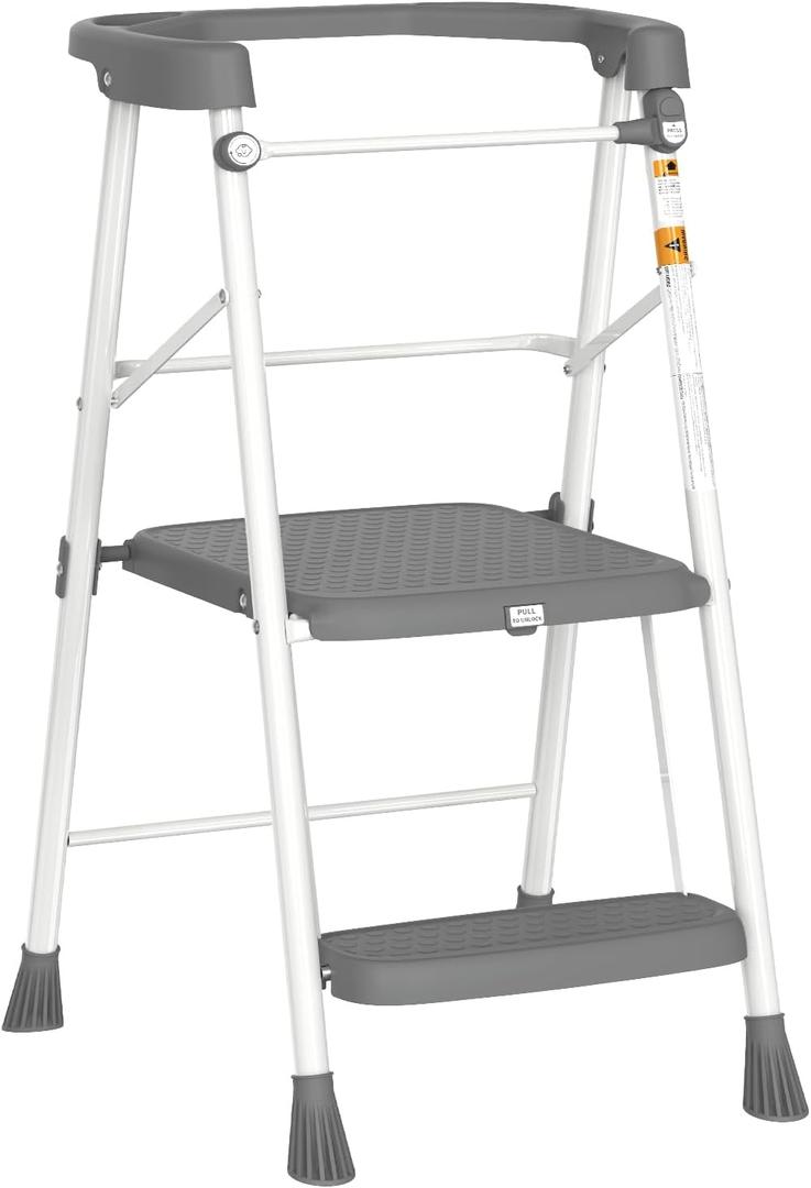 HBTower Kids 2 Steps Step Stool, Toddler Tower for Kitchen Counter Learning, Toddler Kitchen Stool Helper with Anti-Drop Safty Railing Kids Standing Folding Stepper(Gray)
