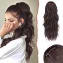 SOFEIYAN Drawstring Ponytail Extension 24 Inch Wavy Curly Clip on Hairpiece Comb Clip in Ponytail Extensions Layered Fluffy Thick Pony Tails Hair Extension Synthetic Hairpieces for Women-Brown&Auburn (Darkest Brown & Dark Auburn Mixed)