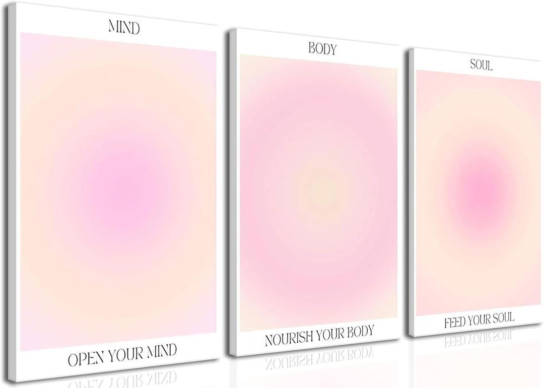 Trendy Aesthetic Canvas Wall Art Aesthetic Set of 3 | Gradient Psychedelic Aura Angel Posters Prints Room Decor | Pink Wall Art Decor for Bedroom, Living Room - Framed 12x16 Inch (12"x16"x3 Framed)