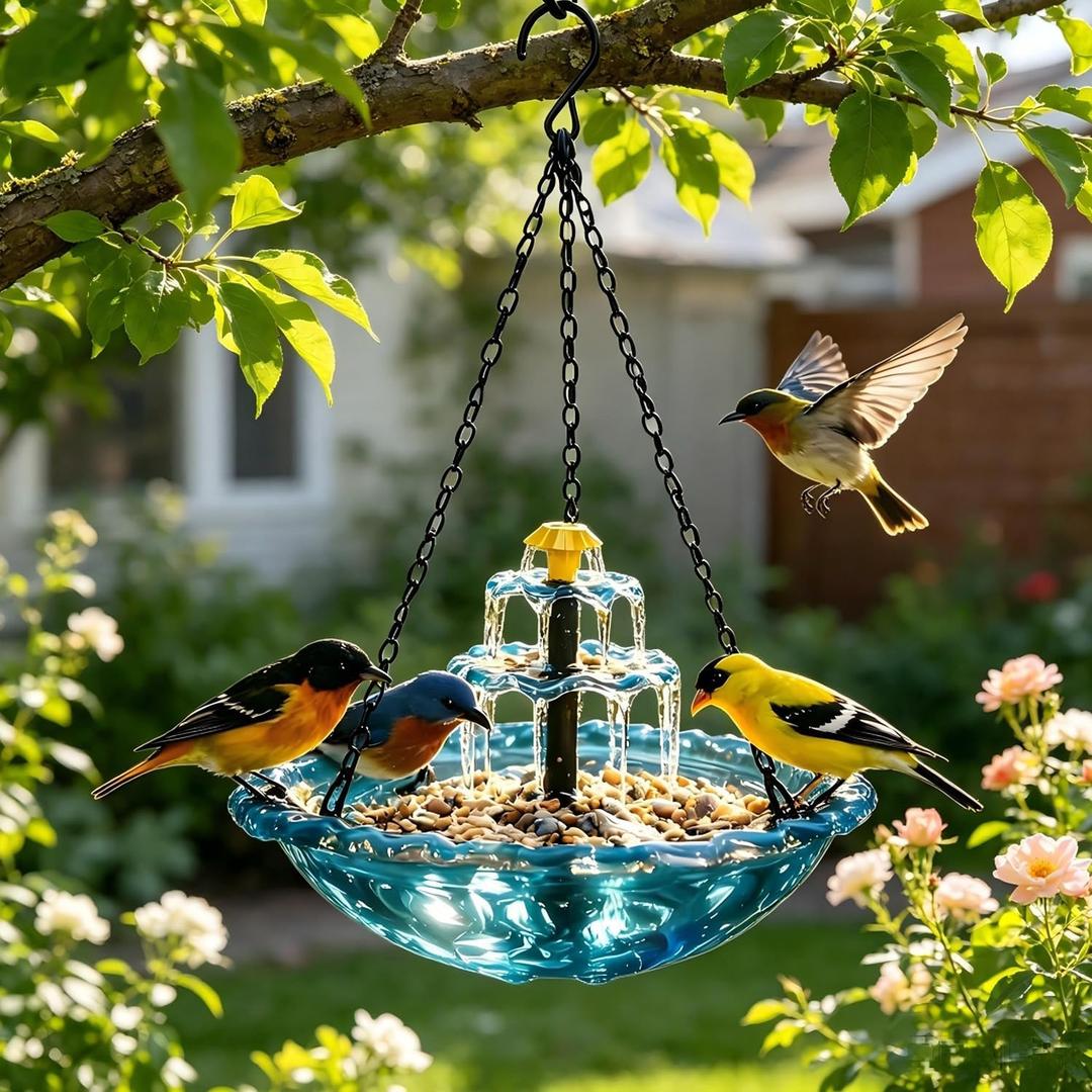 Solar Cascade Hanging Bird Bath Fountain,2026 Upgraded 3-Tier Hanging Bird Bath with Solar Fountain Bird Bath & Feeder,Solar Fountain for Bird Bath Hummingbird Garden Decor (Blue)