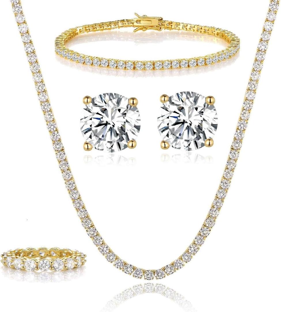 Gemsme 18K White Gold Plated Tennis Necklace/Bracelet/Earrings/Band Ring Sets Hypoallergenic Jewelry Pack of 4