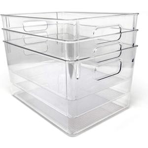 Isaac Jacobs 3-Pack Large Clear Storage Bins with Handles, Plastic Organizer for Home, Room, Office, Fridge, Kitchen/Pantry Non-Slip Container Set, Food Safe, BPA Free (3-Pack, Large)