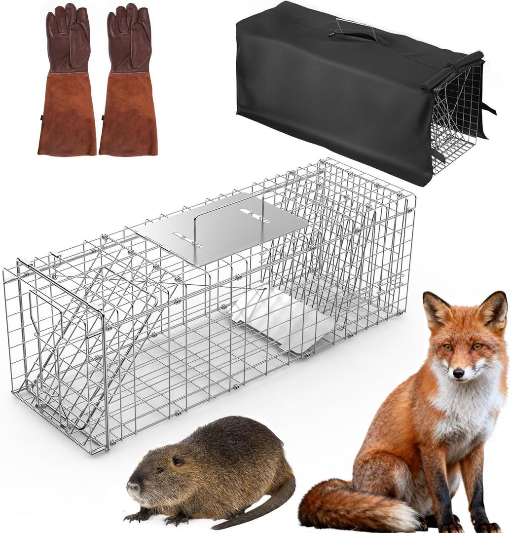 Folding Live Animal Trap Cage Racoon Traps with Waterproof Cover & Gloves | Easy to Catch and Release for Stray Cats Raccoons Squirrel Skunk Groundhog Armadillo Rabbit