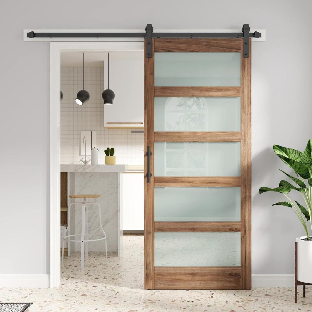 FREDBECK 36 x 84 inch Glass Barn Door with 6.6FT Barn Door Hardware Kit & Handle Included,5-Panel Frosted Glass, Water-Proof Surface,Pre-Drilled Holes,Need Assembly