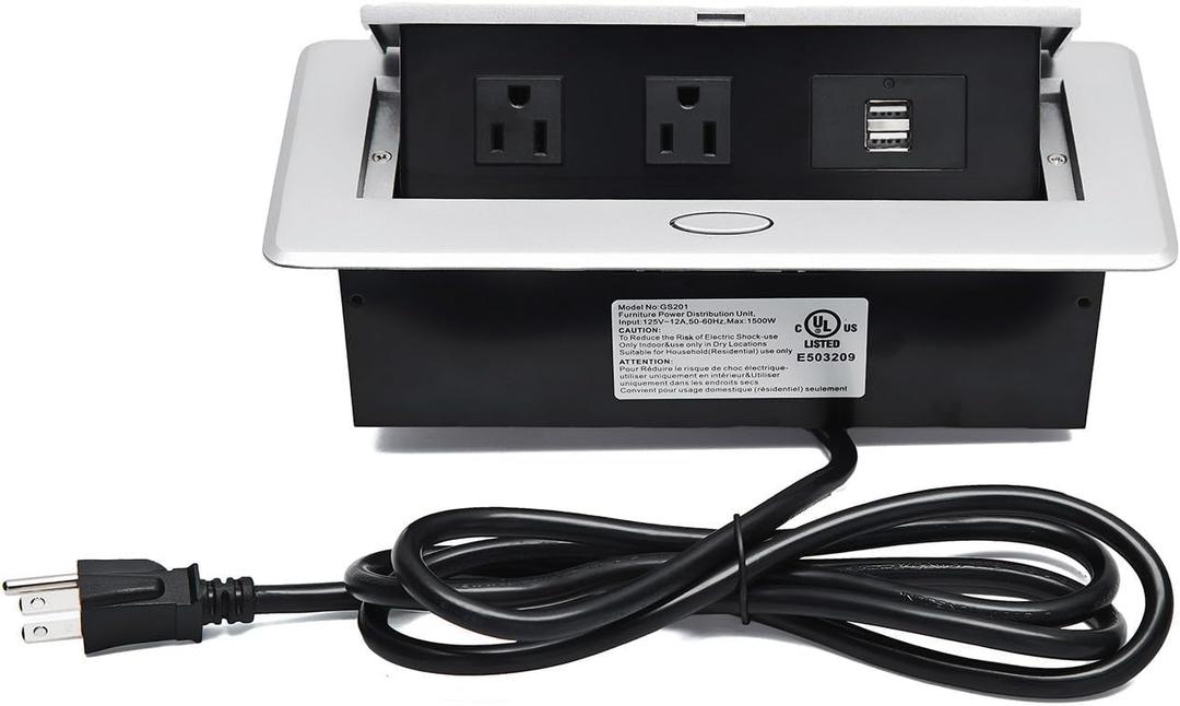 UL Approval Power Strip, Hidden Pop Up Outlet Table Connection Box, Desktop Socket with 2 Outlets & 2 USB Charging Ports for Conference Room Countertop (Silver)