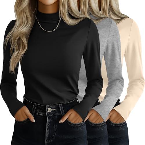 Ficerd 2 Pack Women's Mock Turtleneck Shirts, Long Sleeve Mock Neck Pullover Tops Slim Fitted Stretch Undershirt Tee Blouse (Black, Apricot, Large)