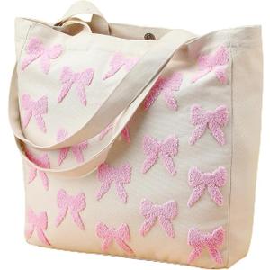 Aliceset Aesthetic Embroidery Tote Bag for Women Floral Reusable Canvas Cute Shoulder Bag for Gym Shopping