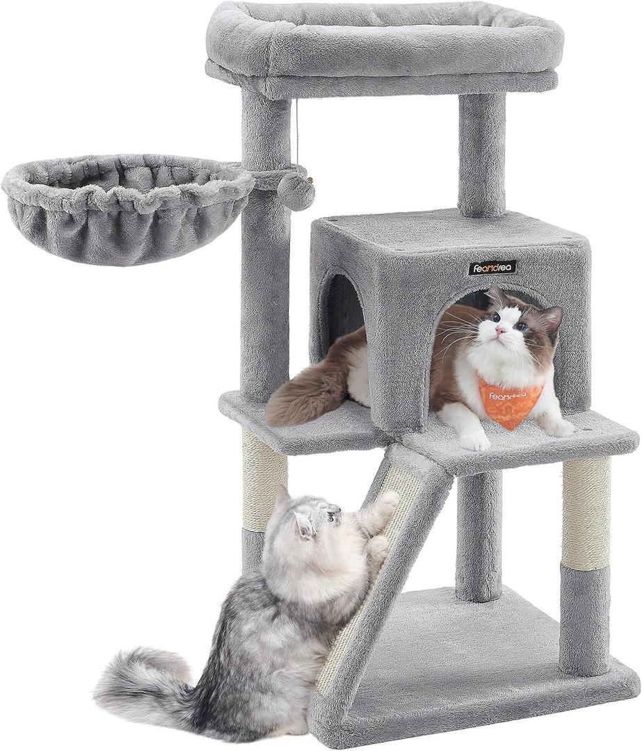 Feandrea Cat Tree, 37.8-Inch Cat Tower, Multi-Level Condo with Widened Perch, Scratching Posts and Ramp, 2-Door Cave, Hammock, Light Gray UPCT51W