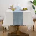 Softalker Outdoor Tablecloth Rectangle, Waterproof Linen Cotton Farmhouse Table Cloths with Tassel, Heavy Weight Wrinkle Free Boho Table Cover for Picnic Camping Dining - 55 x 70 Inch, Blue Stripe