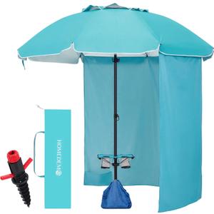HOMEDEMO 8FT Big Beach Umbrella with Privacy Curtain & Weight Bag, Outdoor Beach Umbrellas with Large Anchor, Table & Carry Bag, Heavy Duty Windproof Design, UPF 50+ Protection, Parasol, Türkiye Blue