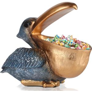 Pelican Key Holder Statues,Fun Animal Hippo Candy Dish,Candy Dish for Office Desk Unique,Modern Key Holder for Pelican Figurine,Suitability Desk Candy Dish and Entry Table Decor Items(Gold1) (Golden Blue)