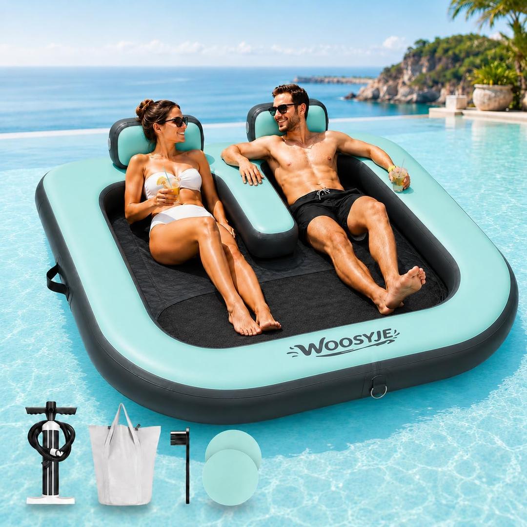 2 Person Inflatable Water Hammock,Tanning Pool Floats for Adults,Heavy Duty Drop-Stitch with Mesh Bottom&Backrests,Sunchill Float,Inflatable Floating Island for Lake,Ocean, River & Pool Party, 6.6ft x 5ft