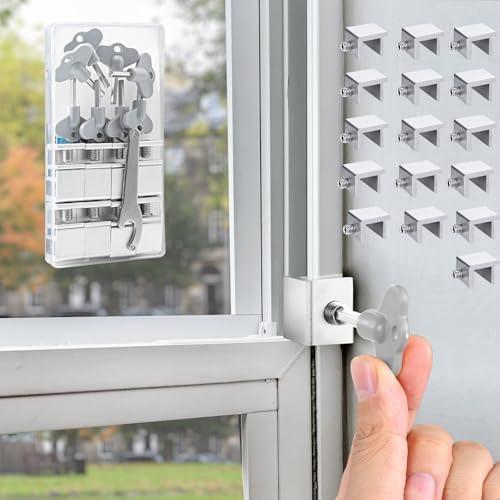 [16 Sets] Sliding Window Lock with Key Aluminum Alloy Adjustable Security Lock (Silver) Single Hole Quick Installation Anti-Theft and Anti-Theft Suitable for Vertical/Horizontal Windows