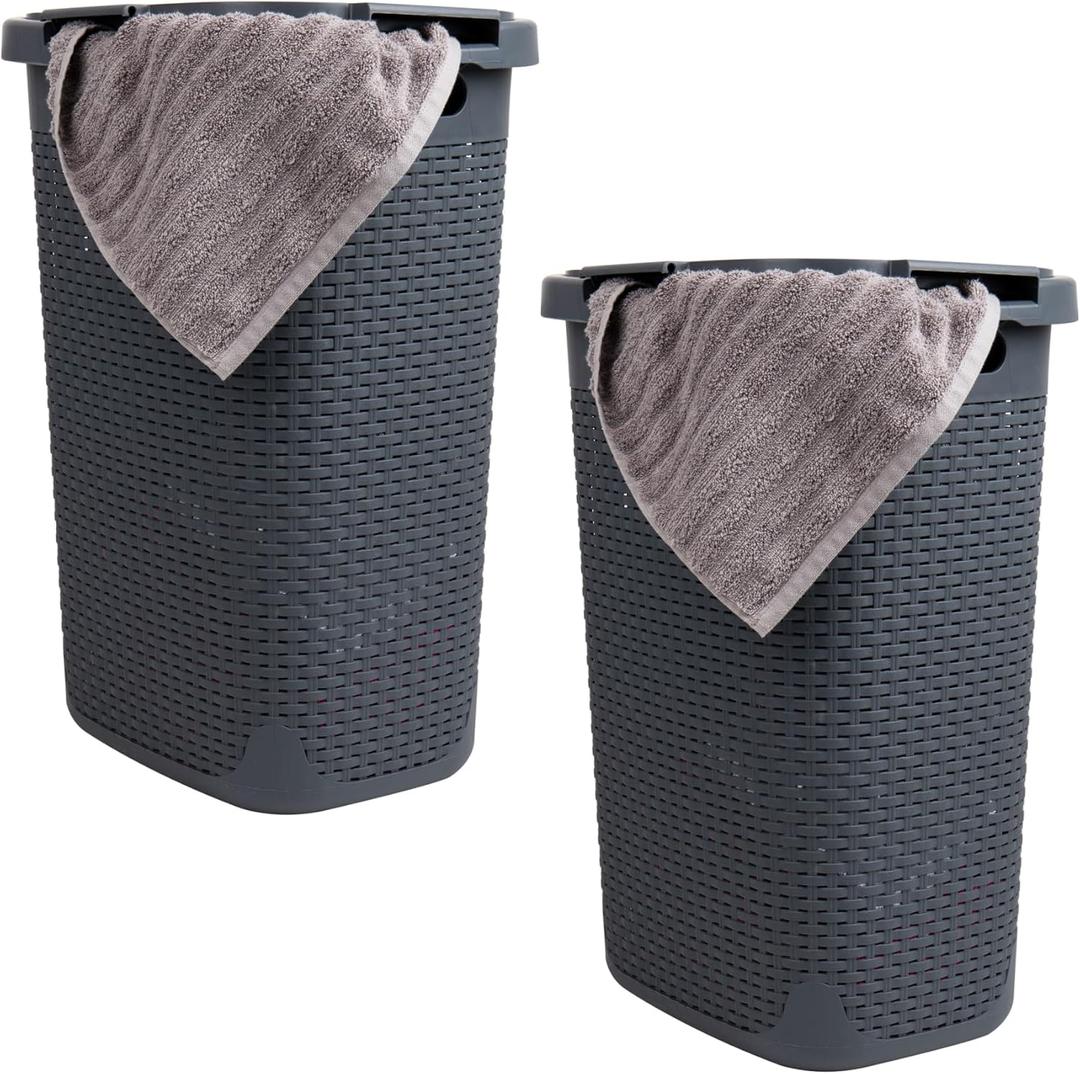 Mind Reader 60L Slim Laundry Hamper, Clothes Basket, Lid, Wicker Style, Plastic, 17.65"L x 13.75"W x 24.15"H, Set of 2, Gray