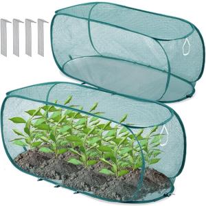 Threehoney 2 Pcs 39" x 18" x 16" Pop up Garden Mesh Plant Cover Outdoor Plant Protector Garden Row Raised Bed Cover with Ground Nails Crop Cage Net for Seedlings Vegetable Fruit Herbs (Dark Green)