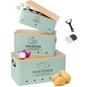 Kitchen Vegetable Storage Set of 3, Metal Onion Garlic Potato Storage Set, Kitchen Canisters Vegetable Keeper Containers with Aerating Holes and Wooden Lid (Sage Green)