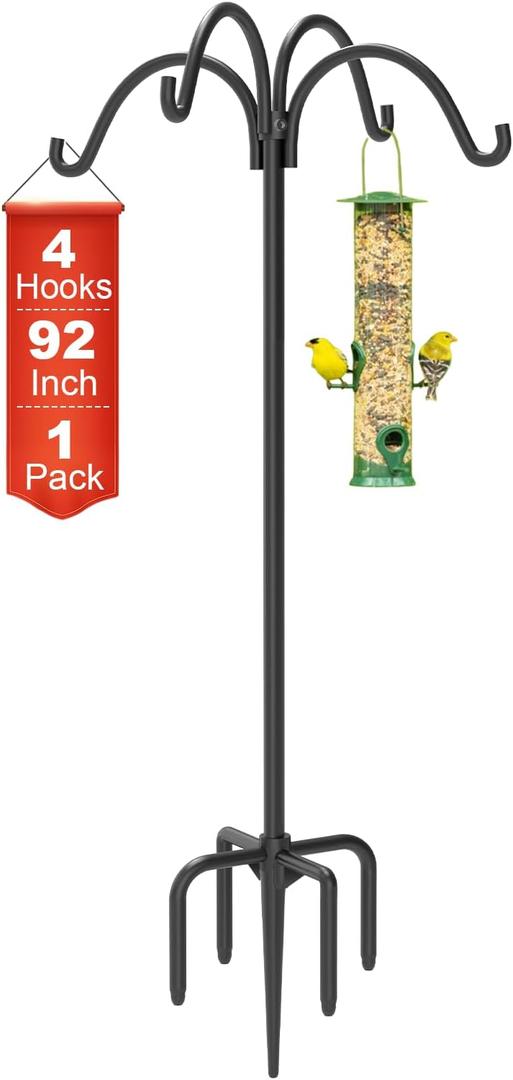 4-Hooks Shepherds Hooks for Outdoor, 92" Heavy Duty Bird Feeder Pole with 5 Prongs Base, Adjustable Garden Hook for Hanging Solar Light, Lanterns, Plant, 1pack