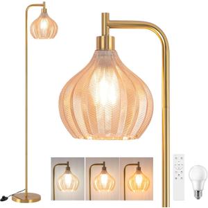 Gold Floor Lamp for Living Room, Modern Standing Lamp with Remote, Dimmable, 3CCT, Arc Tall Floor Lamp with Amber Glass Lampshade for Bedroom Study Room Office (Bulb Included)