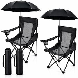 2 Pack Portable Folding Camping Chairs with Adjustable Umbrella, Lightweight Beach Chairs for Fishing, Sports Events & Lawn (Black Grid)